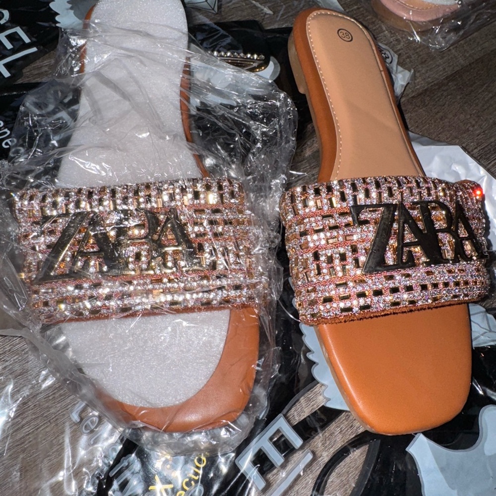 Women's Tan Embellished Slide Sandals